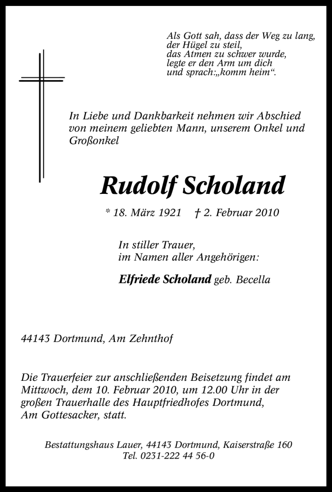  Traueranzeige für Rudolf Scholand vom 06.02.2010 aus Tageszeitung