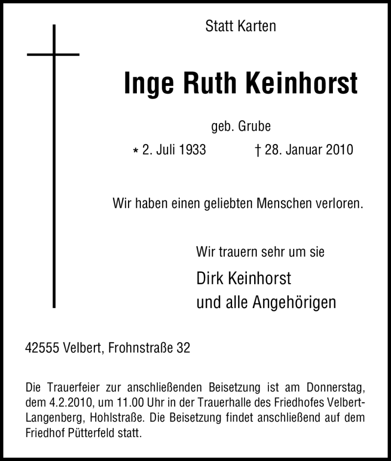  Traueranzeige für Inge Ruth Keinhorst vom 03.02.2010 aus Tageszeitung