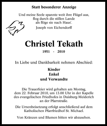 Traueranzeige von Christel Tekath von Tageszeitung