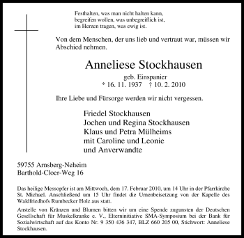 Traueranzeige von Anneliese Stockhausen von Tageszeitung