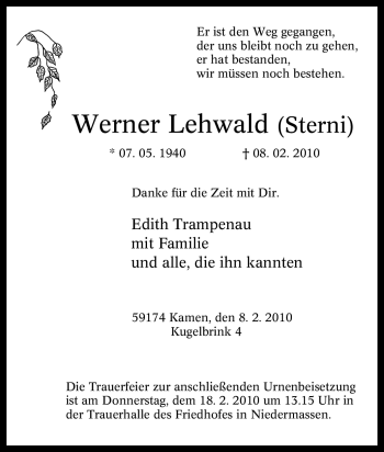 Traueranzeige von Werner Lehwald von Tageszeitung
