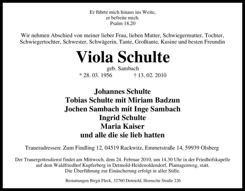  Traueranzeige für Viola Schulte vom 20.02.2010 aus Tageszeitung