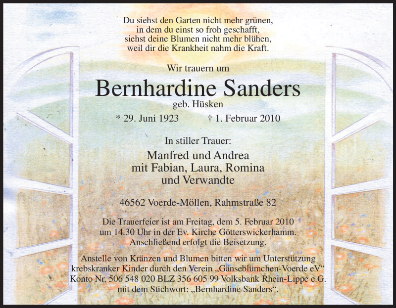  Traueranzeige für Bernhardine Sanders vom 03.02.2010 aus Tageszeitung