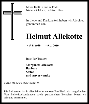 Traueranzeige von Helmut Allekotte von Tageszeitung