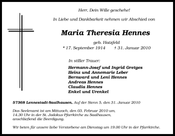 Traueranzeige von Maria Theresia Hennes von Tageszeitung