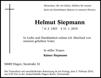 Traueranzeige von Helmut Siepmann von Tageszeitung
