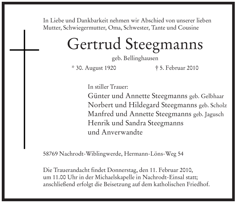  Traueranzeige für Gertrud Steegmanns vom 09.02.2010 aus Tageszeitung