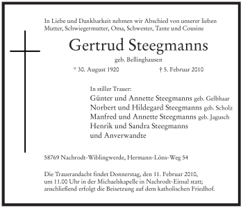 Traueranzeige von Gertrud Steegmanns von Tageszeitung