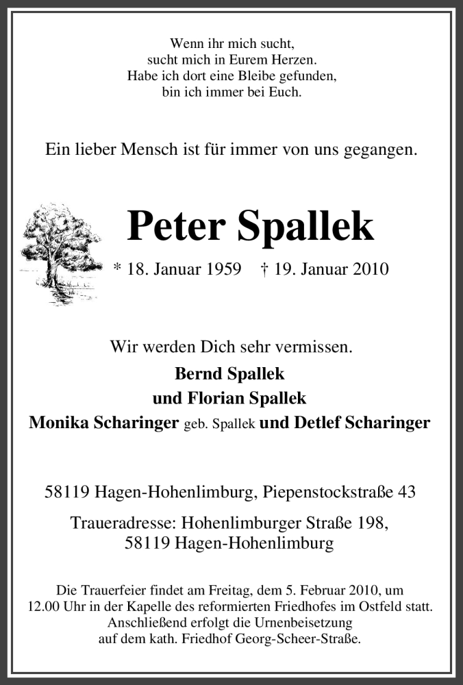  Traueranzeige für Peter Spallek vom 03.02.2010 aus Tageszeitung