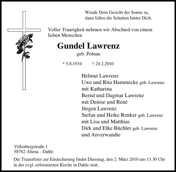 Traueranzeige von Gundel Lawrenz von Tageszeitung