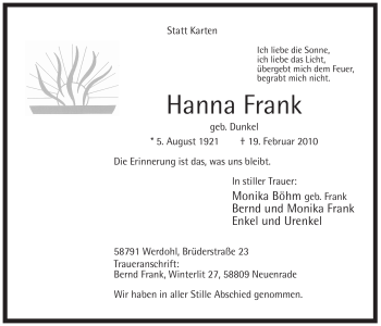 Traueranzeige von Hanna Frank von Tageszeitung
