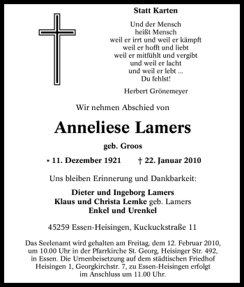 Traueranzeige von Anneliese Lamers von Tageszeitung