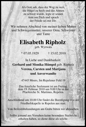 Traueranzeige von Elisabeth Ripholz von Tageszeitung