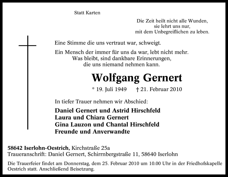  Traueranzeige für Wolfgang Gernert vom 23.02.2010 aus Tageszeitung