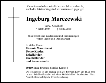 Traueranzeige von Ingeburg Marczewski von Tageszeitung