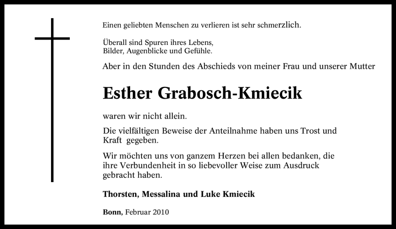  Traueranzeige für Esther Grabosch-Kmiecik vom 06.02.2010 aus Tageszeitung