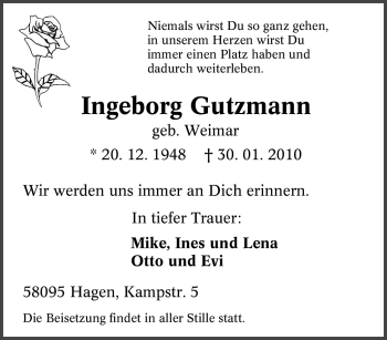 Traueranzeige von Ingeborg Gutzmann von Tageszeitung