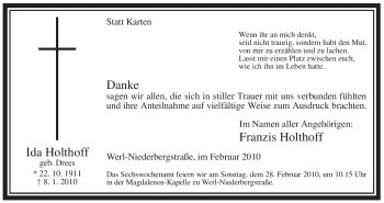 Traueranzeige von Ida Holthoff von Tageszeitung