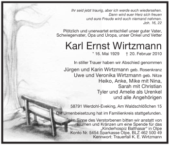 Traueranzeige von Karl Ernst Wirtzmann von Tageszeitung