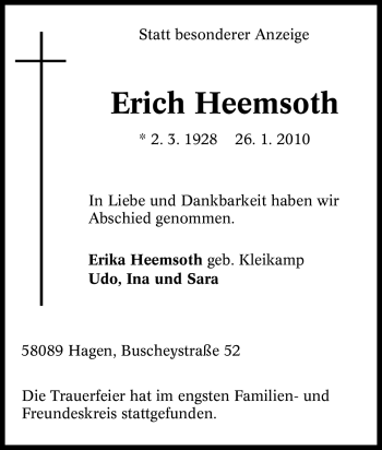 Traueranzeige von Erich Heemsoth von Tageszeitung