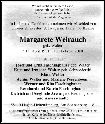 Traueranzeige von Margarete Weirauch von Tageszeitung