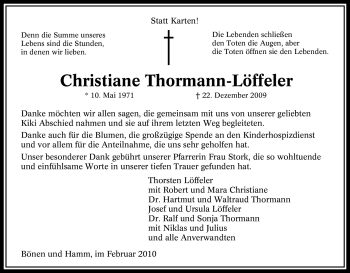 Traueranzeige von Christiane Thormann-Löffeler von Tageszeitung