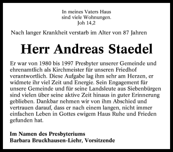 Traueranzeige von Andreas Staedel von Tageszeitung