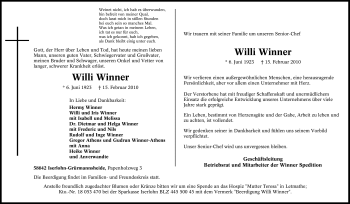 Traueranzeige von Willi Winner von Tageszeitung