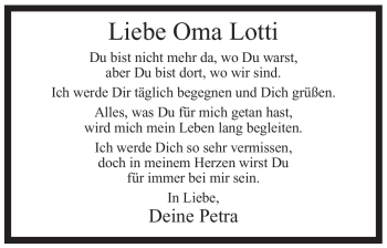 Traueranzeige von Lieselotte Spielmann von Tageszeitung
