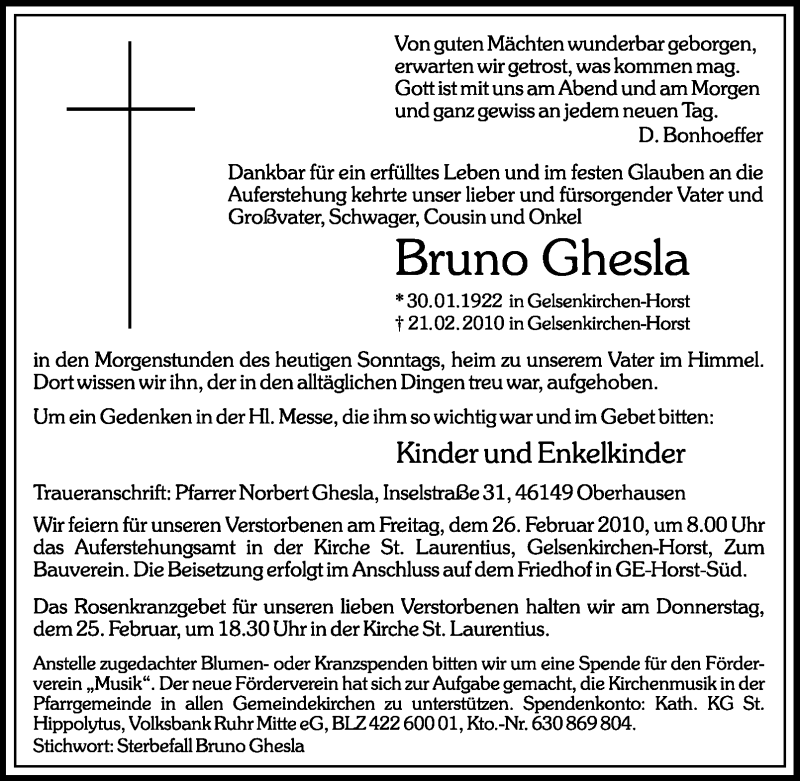  Traueranzeige für Bruno Ghesla vom 24.02.2010 aus Tageszeitung