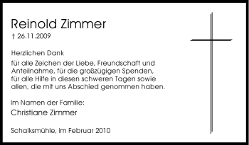 Traueranzeige von Reinold Zimmer von Tageszeitung
