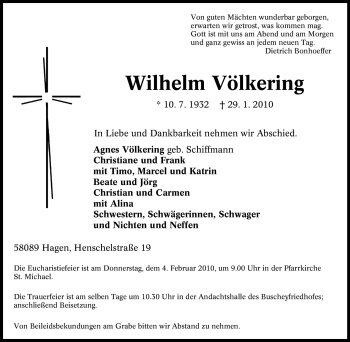 Traueranzeige von Wilhelm Völkering von Tageszeitung