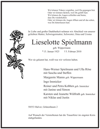Traueranzeige von Lieselotte Spielmann von Tageszeitung