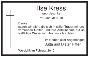 Traueranzeige von Ilse Kress von Tageszeitung