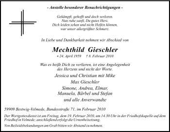 Traueranzeige von Mechthild Gieschler von Tageszeitung