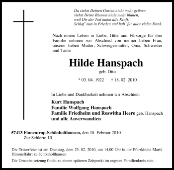 Traueranzeige von Hilde Hanspach von Tageszeitung