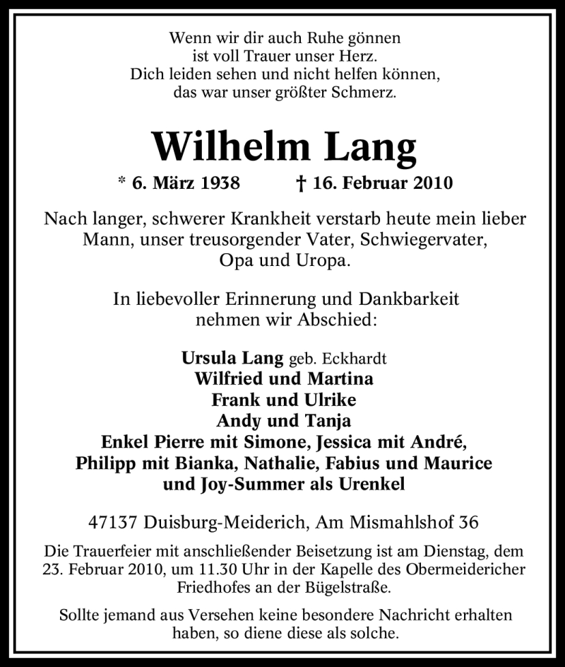  Traueranzeige für Wilhelm Lang vom 20.02.2010 aus Tageszeitung