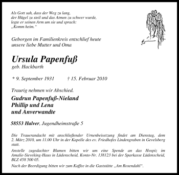 Traueranzeige von Ursula Papenfuß von Tageszeitung
