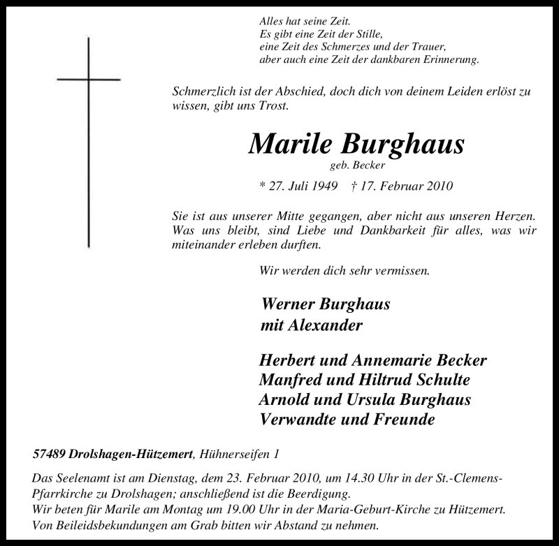  Traueranzeige für Marile Burghaus vom 19.02.2010 aus Tageszeitung