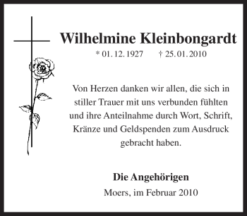 Traueranzeige von Wilhelmine Kleinbongardt von Tageszeitung