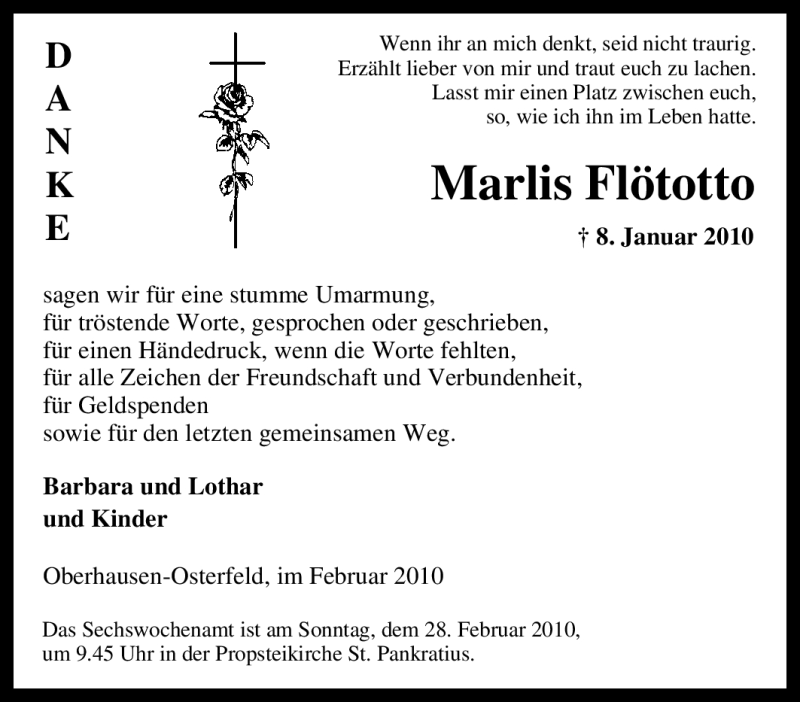  Traueranzeige für Marlis Flötotto vom 20.02.2010 aus Tageszeitung