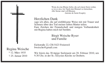 Traueranzeige von Regina Weische von Tageszeitung