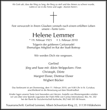 Traueranzeige von Helene Lemmer von Tageszeitung