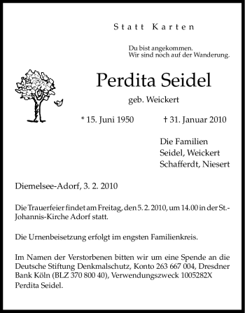 Traueranzeige von Perdita Seidel von Tageszeitung