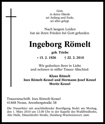 Traueranzeige von Ingeborg Römelt von Tageszeitung