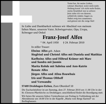 Traueranzeige von Franz-Josef Alfes von Tageszeitung