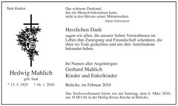 Traueranzeige von Hedwig Mahlich von Tageszeitung