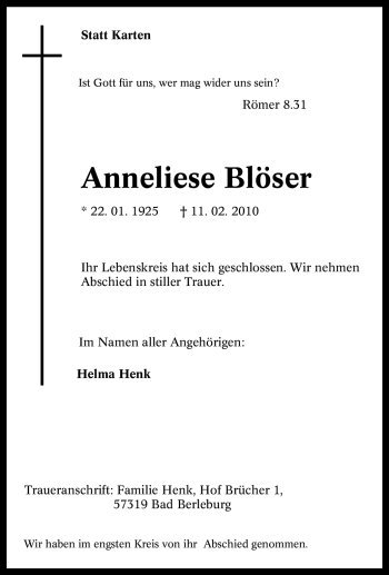 Traueranzeige von Anneliese Blöser von Tageszeitung