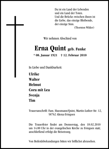 Traueranzeige von Erna Quint von Tageszeitung