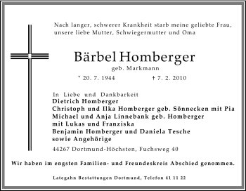 Traueranzeige von Bärbel Homberger von Tageszeitung